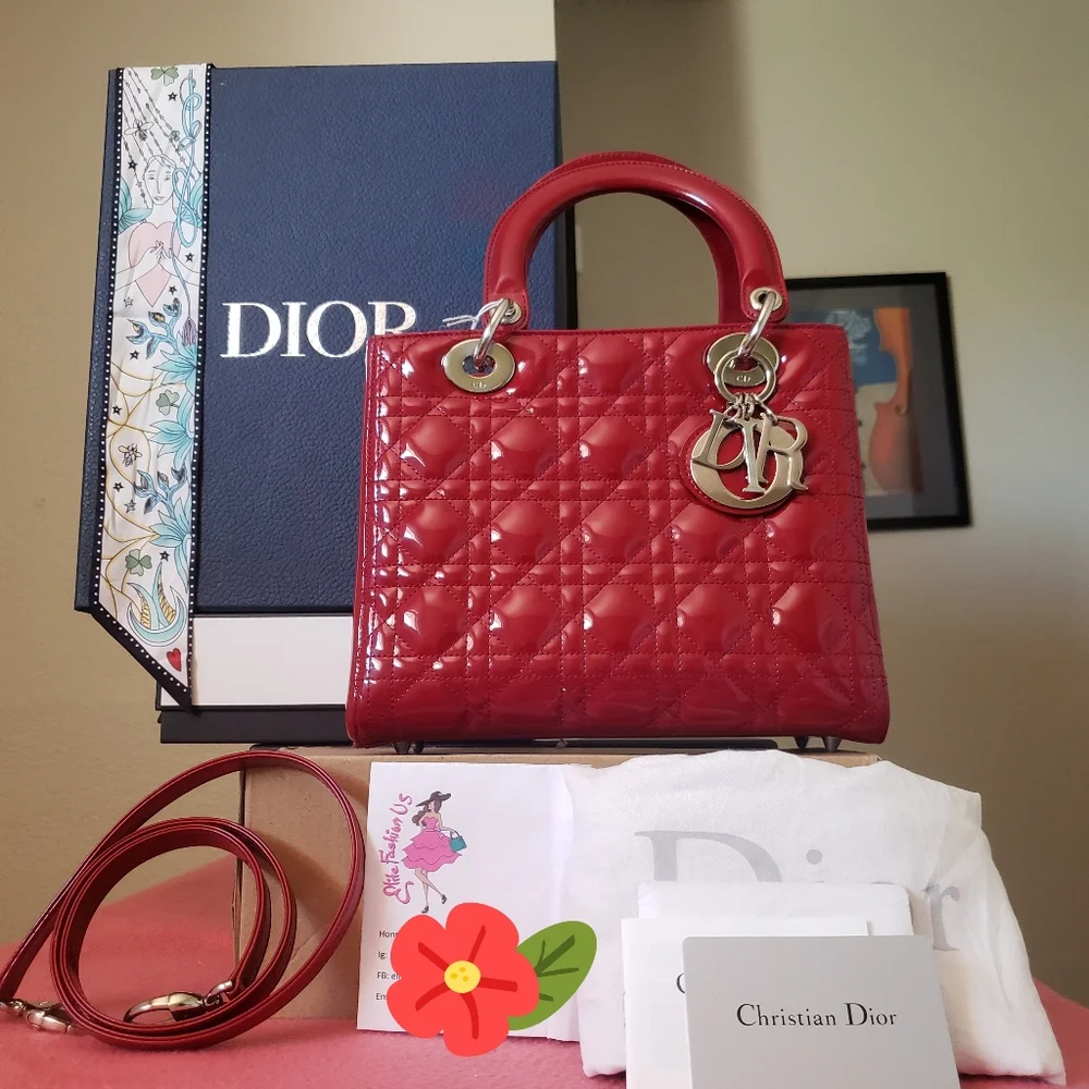 Lady D.ior red patent silver hw medium bag - Picture 1 of 12